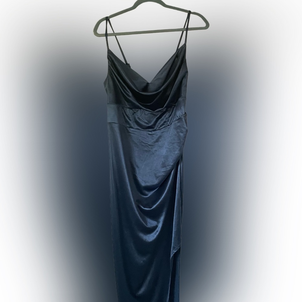 Blue satin dress could be worn for pork or a special event it’s a size 14
